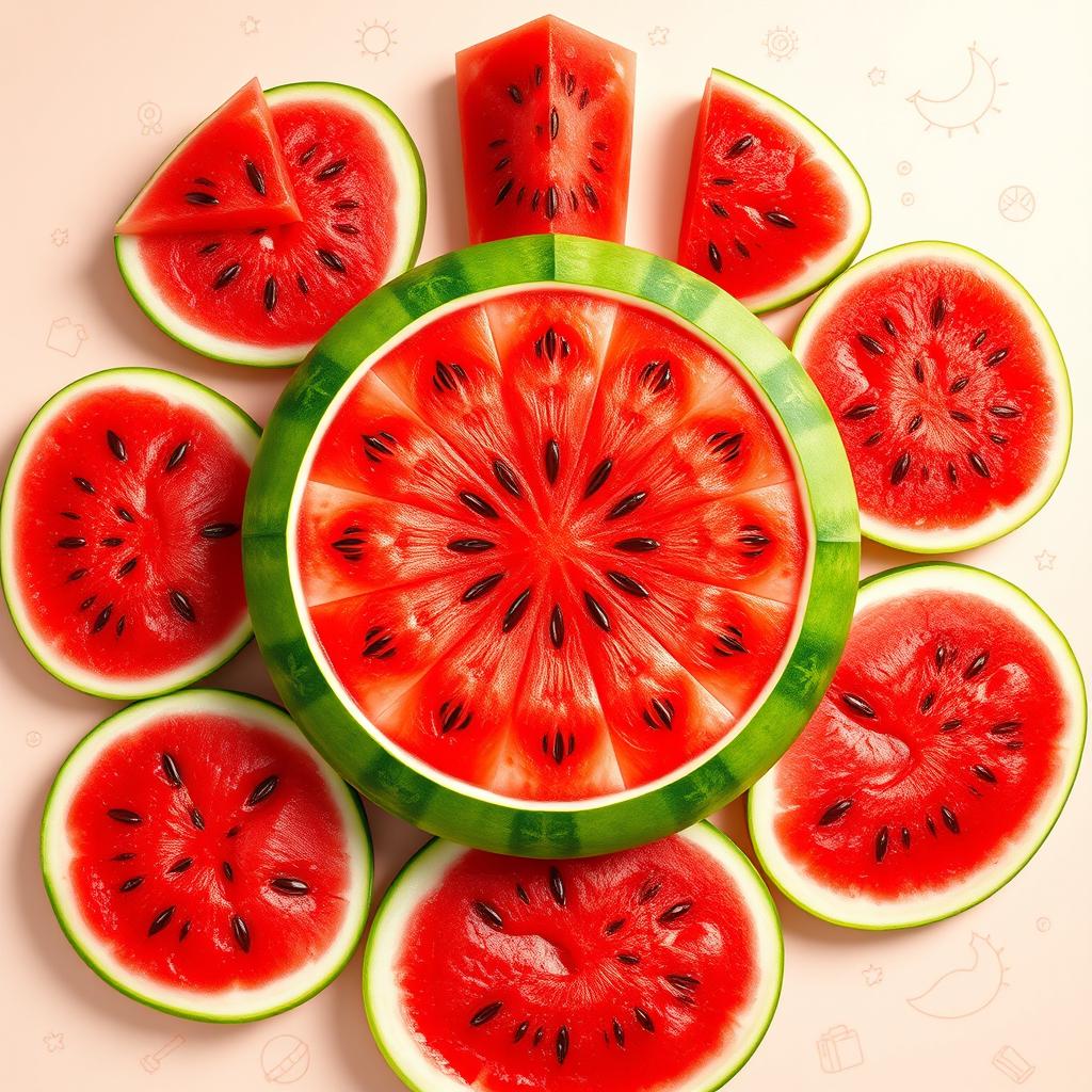 An artistic representation of a watermelon idiogram, showcasing vibrant slices of watermelon arranged in a visually striking manner