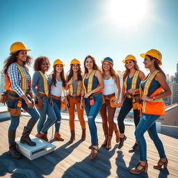 A vibrant and dynamic scene depicting a group of attractive women roofers confidently working on a rooftop