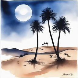 A beautiful watercolor painting depicting the serene night in the Dakar desert