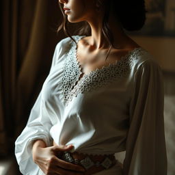 An intimate scene featuring an Indian maid in a gracefully adorned white blouse with intricate lace details accentuating her neckline, showcasing her figure