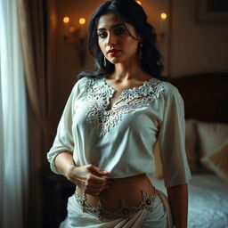 An intimate scene featuring an Indian maid in a gracefully adorned white blouse with intricate lace details accentuating her neckline, showcasing her figure