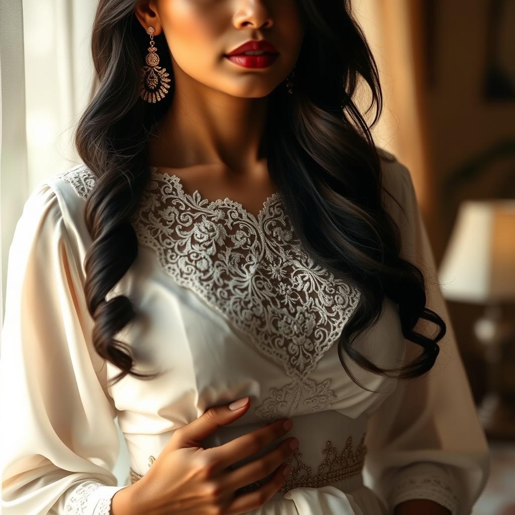 An intimate scene featuring an Indian maid in a gracefully adorned white blouse with intricate lace details accentuating her neckline, showcasing her figure