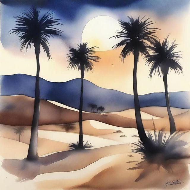 A beautiful watercolor painting depicting the serene night in the Dakar desert