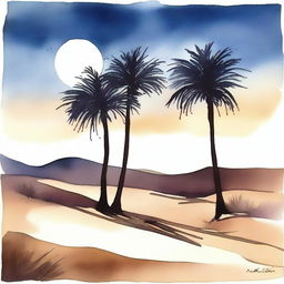 A beautiful watercolor painting depicting the serene night in the Dakar desert