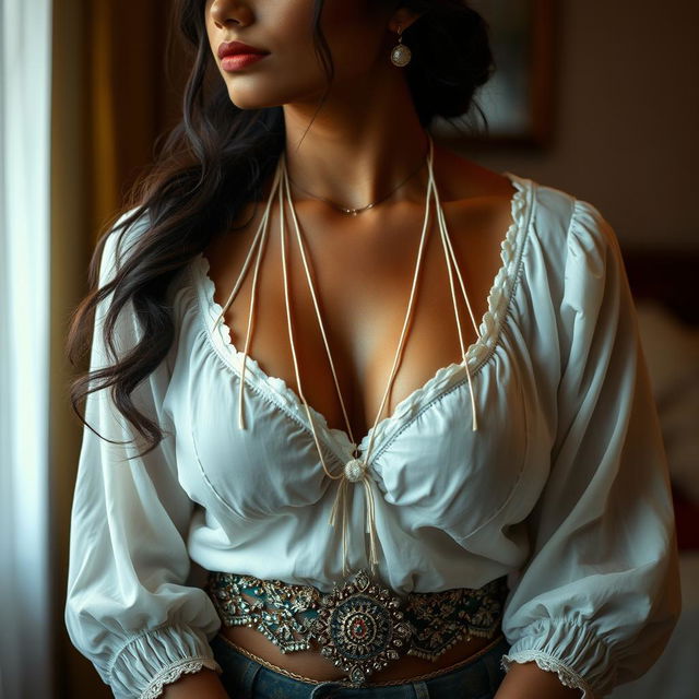 An intimate scene featuring an Indian maid dressed in a delicate white blouse characterized by intricate strings that elegantly reveal her neckline, accentuating her chest in a tasteful manner