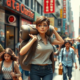 A 3D rendered woman casually dressed, struggling to carry a heavy overstuffed suitcase on her shoulders while navigating through a busy street filled with people in motion