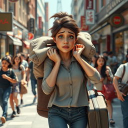 A 3D rendered woman casually dressed, struggling to carry a heavy overstuffed suitcase on her shoulders while navigating through a busy street filled with people in motion