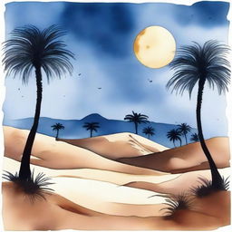 A beautiful watercolor painting depicting the serene night in the Dakar desert