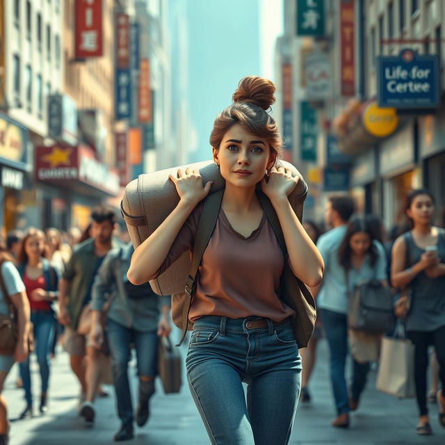 A 3D rendered woman casually dressed, struggling to carry a heavy overstuffed suitcase on her shoulders while navigating through a busy street filled with people in motion