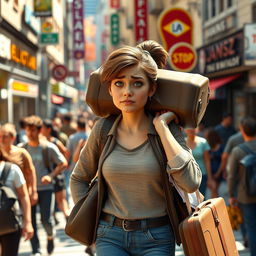 A 3D rendered woman casually dressed, struggling to carry a heavy overstuffed suitcase on her shoulders while navigating through a busy street filled with people in motion