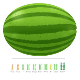 Caryotype illustration of watermelon (Citrullus vulgaris) showing 22 chromosomes organized in order from group 1 to the last, displayed in accordance with their sizes, with each chromosome paired, representing the diploid state