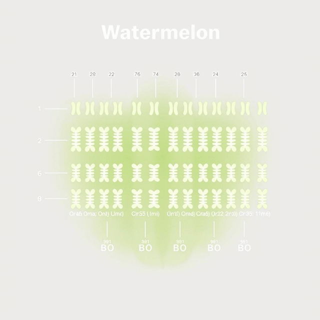 Caryotype illustration of watermelon (Citrullus vulgaris) showing 22 chromosomes organized in order from group 1 to the last, displayed in accordance with their sizes, with each chromosome paired, representing the diploid state