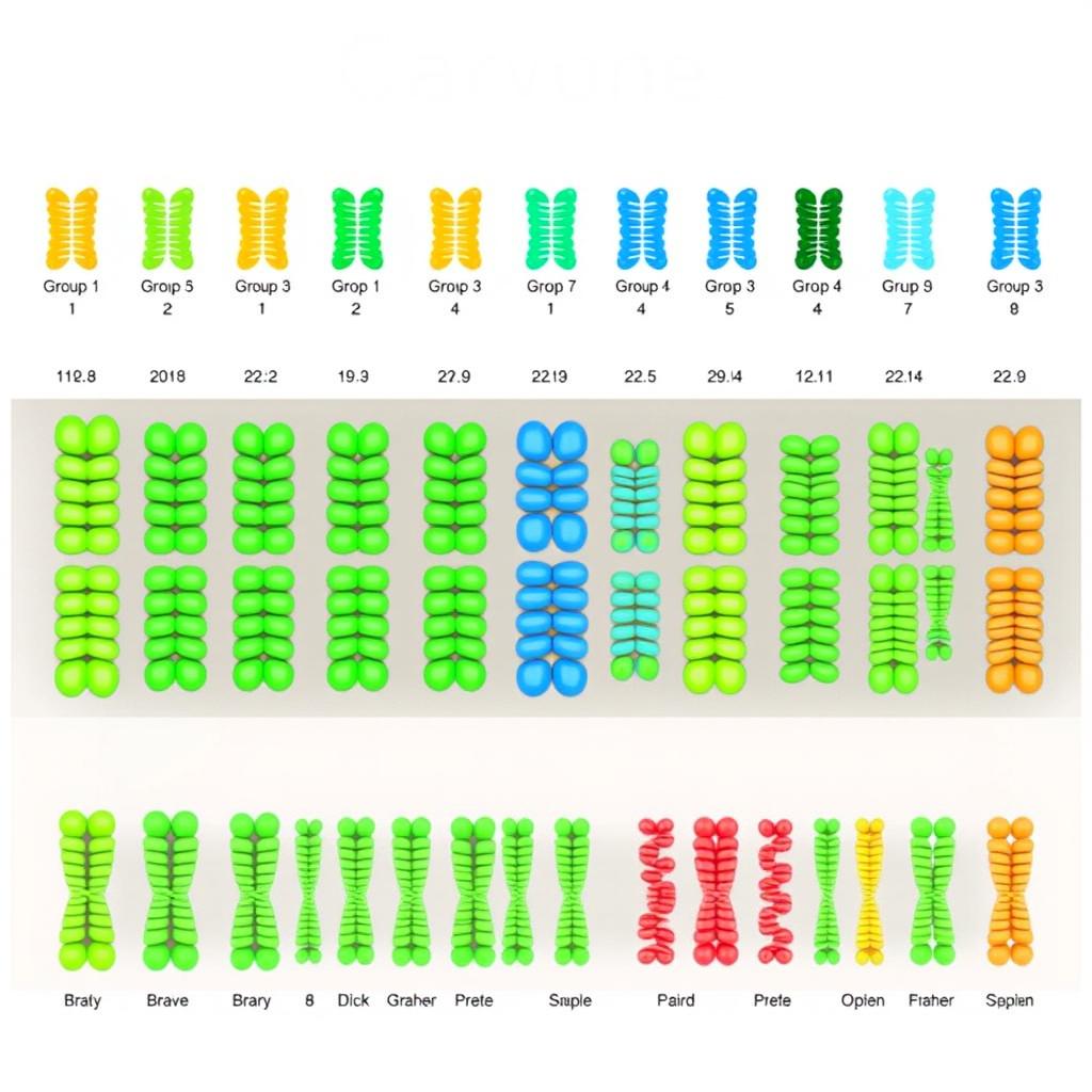 Caryotype illustration of watermelon (Citrullus vulgaris) showing 22 chromosomes organized in order from group 1 to the last, displayed in accordance with their sizes, with each chromosome paired, representing the diploid state