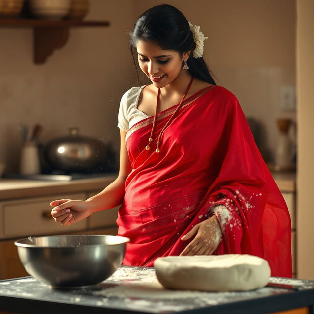 An intimate scene featuring an Indian maid dressed in a beautiful red saree paired with a delicate white blouse, embellished with strings that subtly reveal her neckline