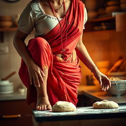 An intimate scene featuring an Indian maid dressed in a beautiful red saree paired with a delicate white blouse, embellished with strings that subtly reveal her neckline