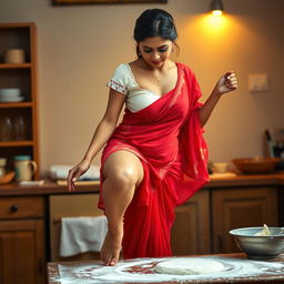 An intimate scene featuring an Indian maid dressed in a beautiful red saree paired with a delicate white blouse, embellished with strings that subtly reveal her neckline