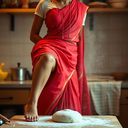 An intimate scene featuring an Indian maid dressed in a beautiful red saree paired with a delicate white blouse, embellished with strings that subtly reveal her neckline