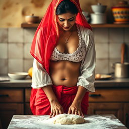 An intimate scene depicting an Indian maid in a vibrant red saree, paired with a delicate white blouse