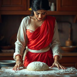 An intimate scene depicting an Indian maid in a vibrant red saree, paired with a delicate white blouse