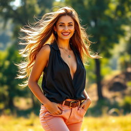 A striking image of a confident woman wearing a stylish outfit, with a relaxed pose, exuding an aura of freedom and empowerment