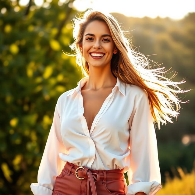 A striking image of a confident woman wearing a stylish outfit, with a relaxed pose, exuding an aura of freedom and empowerment