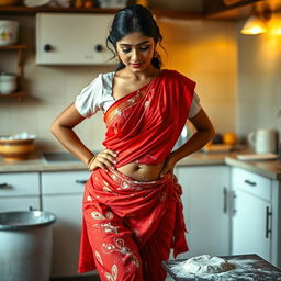 An intimate scene showcasing an Indian maid in a vibrant red saree and a white blouse, adorned with flour that playfully clings to her bare chest, highlighting her beautiful cleavage