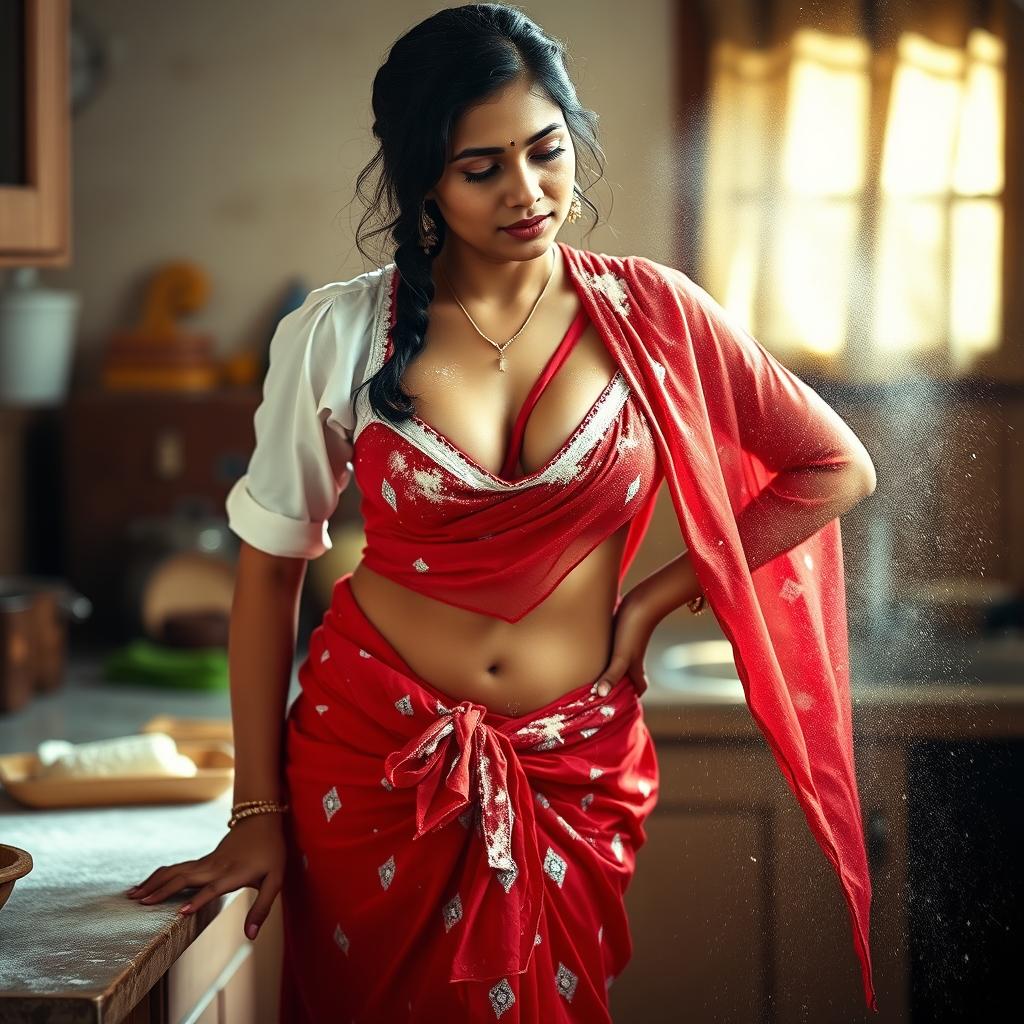 An intimate scene showcasing an Indian maid in a vibrant red saree and a white blouse, adorned with flour that playfully clings to her bare chest, highlighting her beautiful cleavage