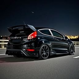A sleek black Ford Fiesta ST featuring an extreme body kit and a prominent spoiler, parked on a dimly lit highway at night