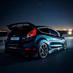 A sleek black Ford Fiesta ST featuring an extreme body kit and a prominent spoiler, parked on a dimly lit highway at night
