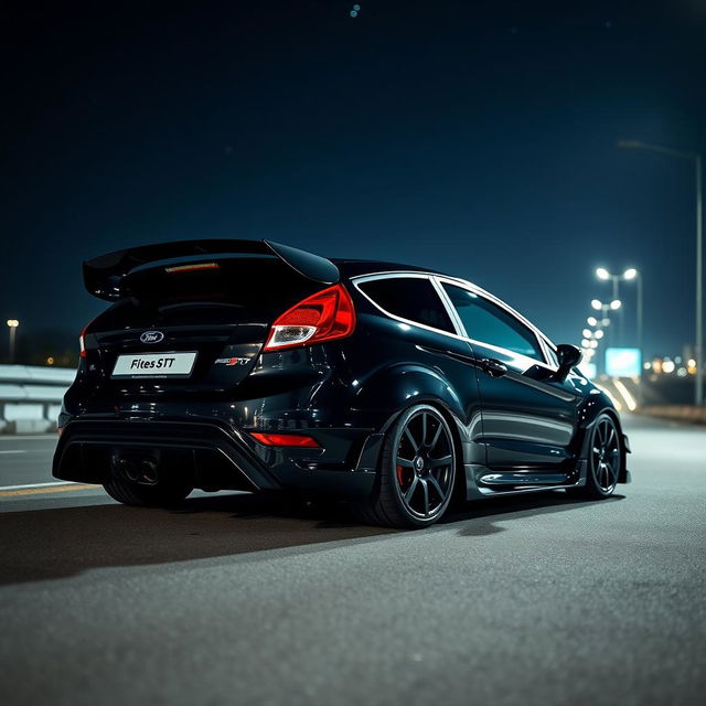 A sleek black Ford Fiesta ST featuring an extreme body kit and a prominent spoiler, parked on a dimly lit highway at night