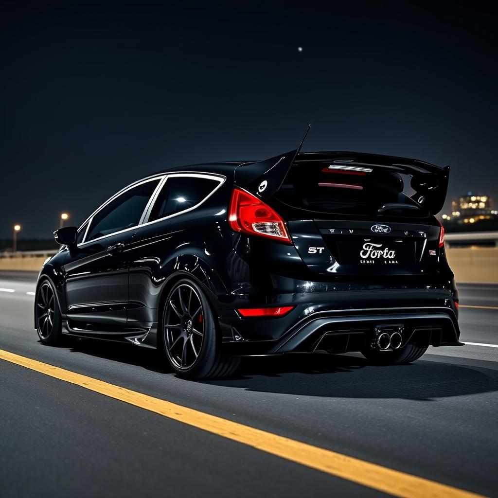 A sleek black Ford Fiesta ST featuring an extreme body kit and a prominent spoiler, parked on a dimly lit highway at night