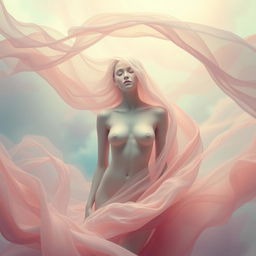 A captivating artistic representation of a serene figure in an abstract style, surrounded by flowing fabric and soft colors