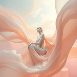 A captivating artistic representation of a serene figure in an abstract style, surrounded by flowing fabric and soft colors