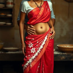 An intimate scene showcasing an Indian maid in a vibrant red saree and a white blouse, adorned with flour clinging to her bare chest, accentuating her beautiful cleavage