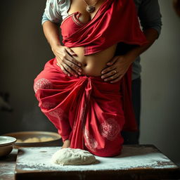 An intimate scene showcasing an Indian maid in a vibrant red saree and a white blouse, adorned with flour clinging to her bare chest, accentuating her beautiful cleavage