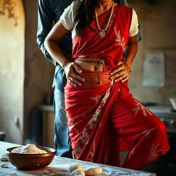 An intimate scene showcasing an Indian maid in a vibrant red saree and a white blouse, adorned with flour clinging to her bare chest, accentuating her beautiful cleavage