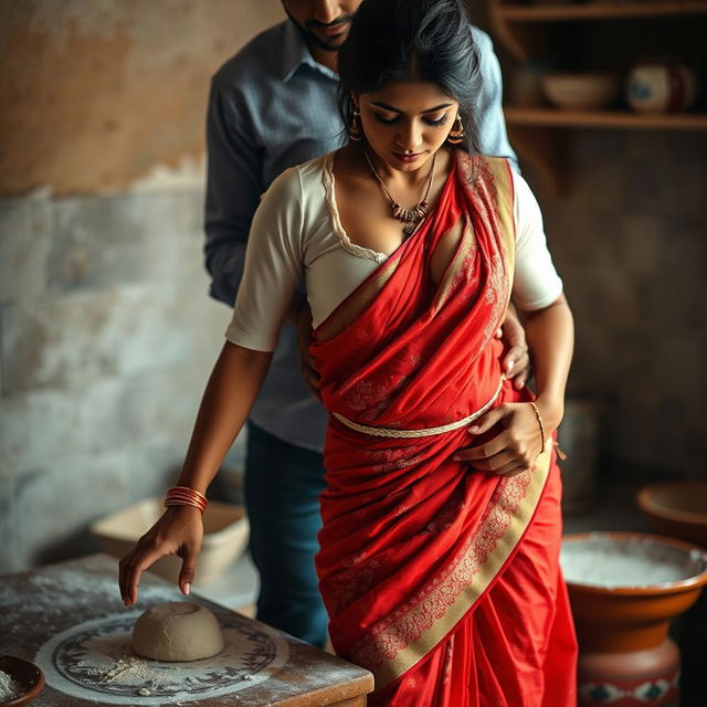 An intimate scene showcasing an Indian maid in a vibrant red saree and a white blouse, adorned with flour clinging to her bare chest, accentuating her beautiful cleavage