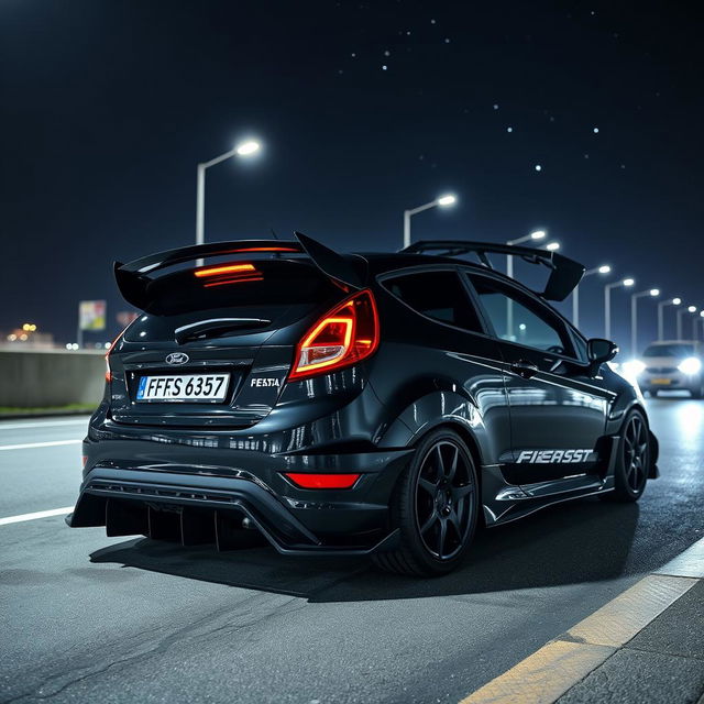 A black Ford Fiesta ST equipped with an extreme body kit and a large rear spoiler, parked on a dimly lit highway at night