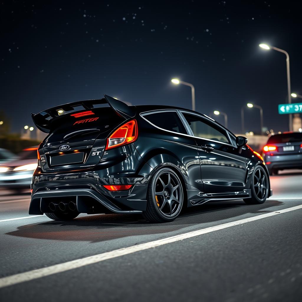 A black Ford Fiesta ST equipped with an extreme body kit and a large rear spoiler, parked on a dimly lit highway at night