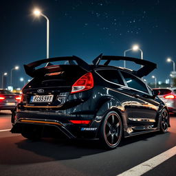 A black Ford Fiesta ST equipped with an extreme body kit and a large rear spoiler, parked on a dimly lit highway at night