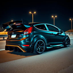 A sleek black Ford Fiesta ST modified for time attack, featuring an extreme bodykit and a large rear spoiler