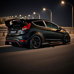 A sleek black Ford Fiesta ST modified for time attack, featuring an extreme bodykit and a large rear spoiler