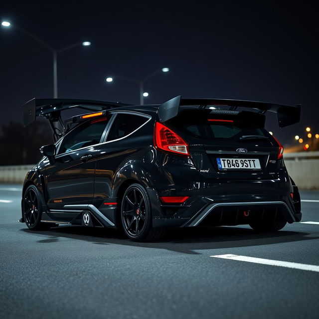 A sleek black Ford Fiesta ST modified for time attack, featuring an extreme bodykit and a large rear spoiler