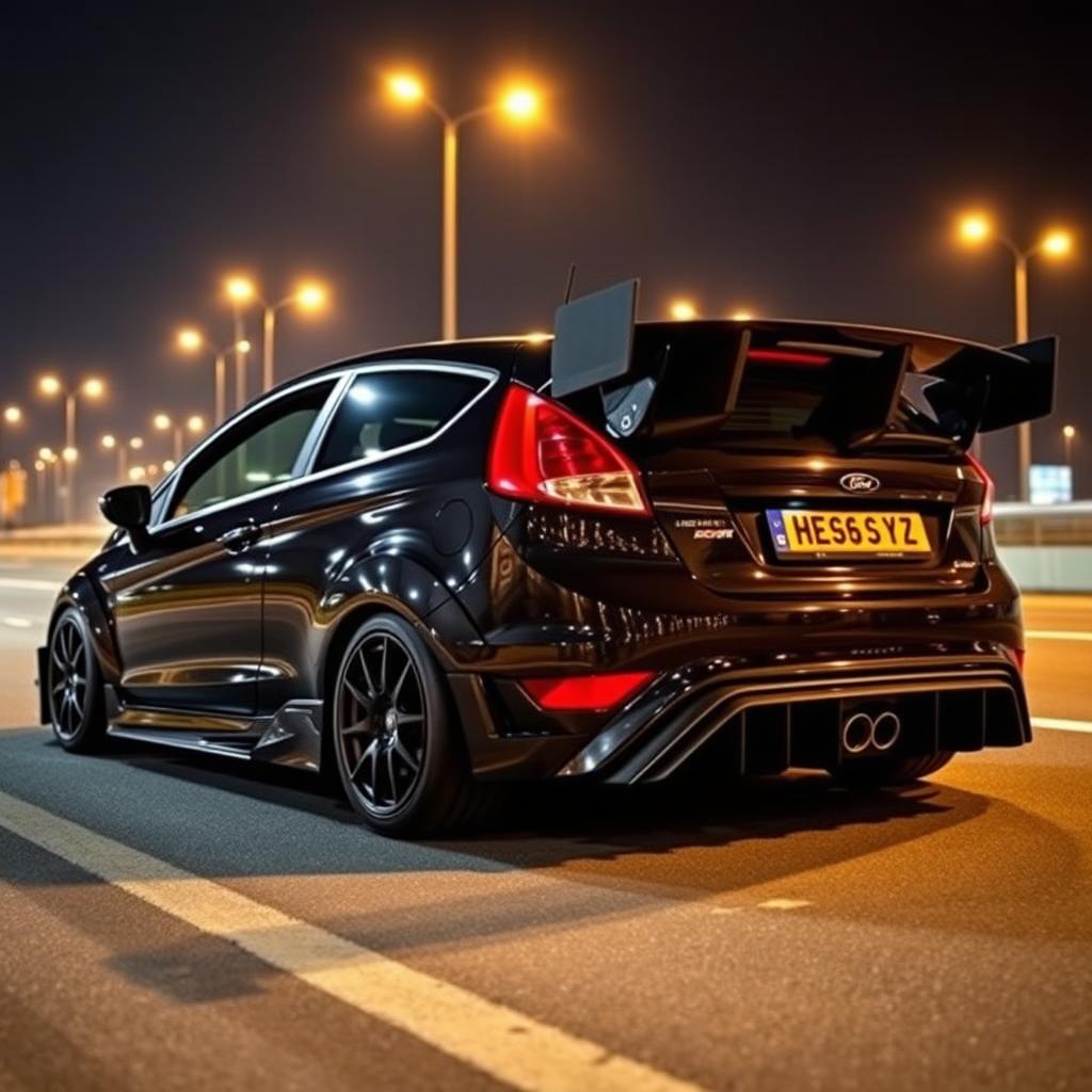 A sleek black Ford Fiesta ST modified for time attack, featuring an extreme bodykit and a large rear spoiler