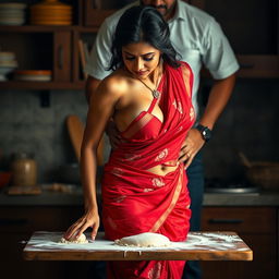 An intimate scene showcasing an Indian maid in a vibrant red saree and a white blouse, with flour playfully sticking to her bare chest, accentuating her beautiful cleavage