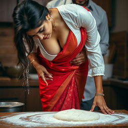 An intimate scene showcasing an Indian maid in a vibrant red saree and a white blouse, with flour playfully sticking to her bare chest, accentuating her beautiful cleavage