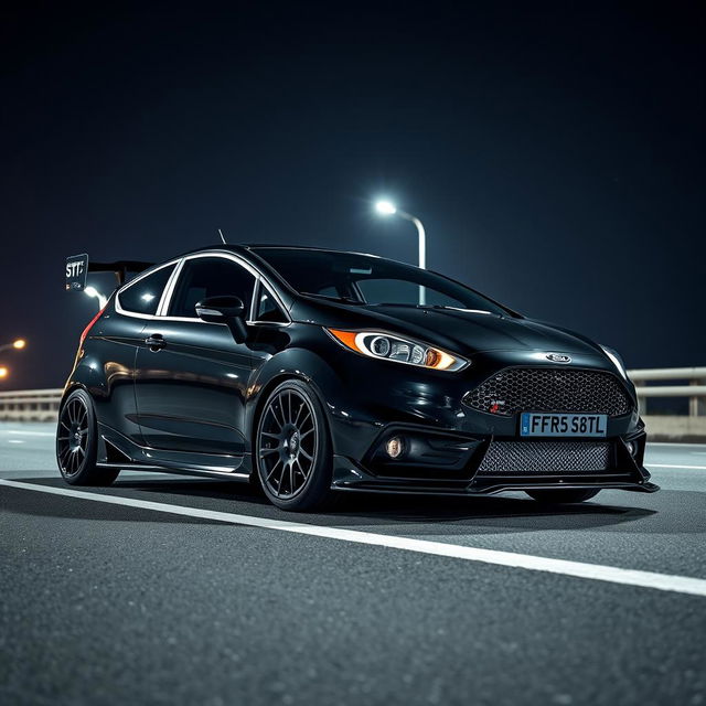 A sleek black Ford Fiesta ST with an extreme bodykit and a large rear spoiler, parked on a dimly lit highway at night