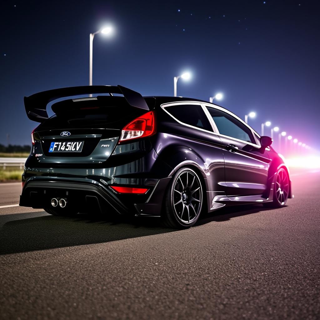 A sleek black Ford Fiesta ST with an extreme bodykit and a large rear spoiler, parked on a dimly lit highway at night