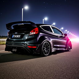 A sleek black Ford Fiesta ST with an extreme bodykit and a large rear spoiler, parked on a dimly lit highway at night