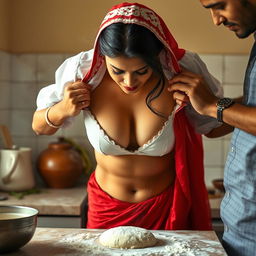 An intimate scene featuring an Indian maid in a vibrant red saree and a white blouse, with flour adorning her bare chest, highlighting her beautiful cleavage